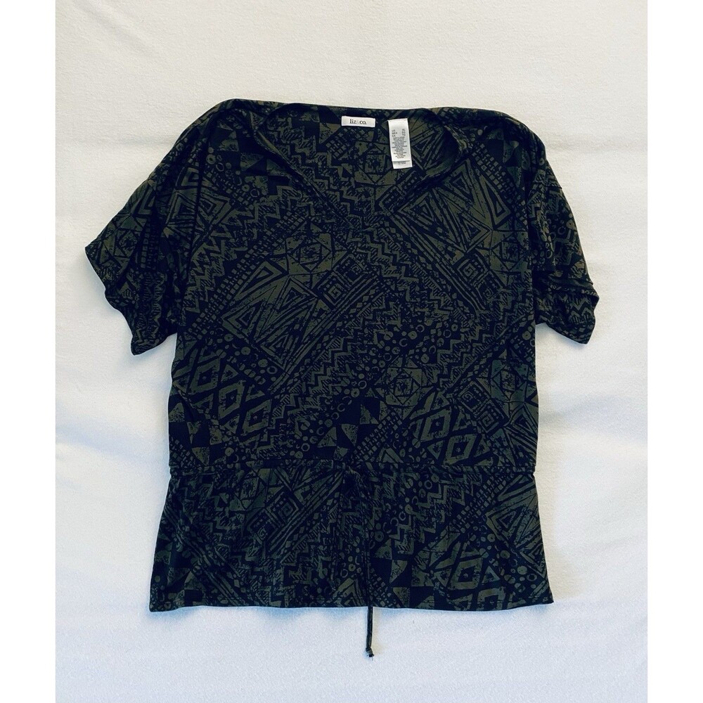 Liz & Co Olive Green and Black Geometric Print Top Size XL